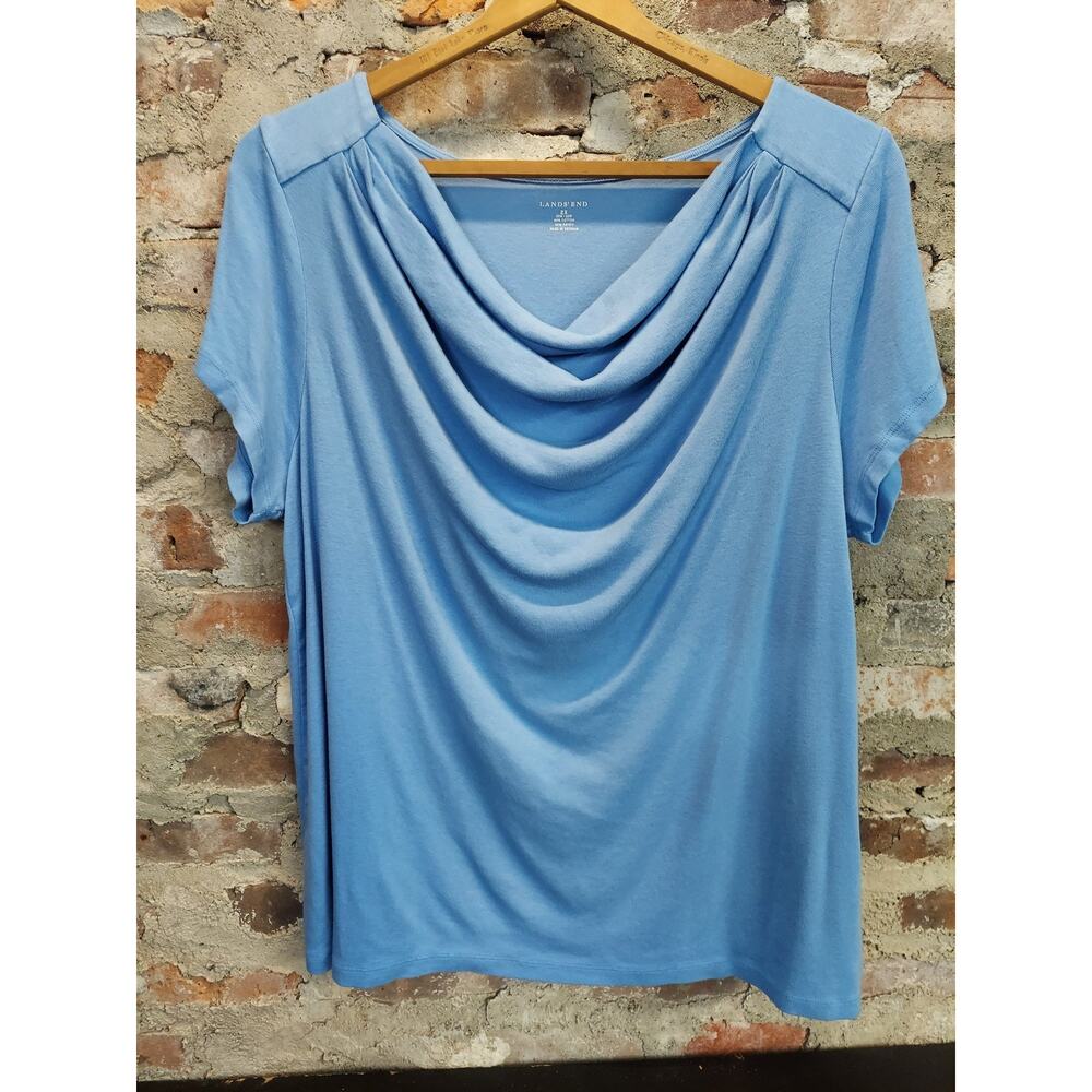 Lands End Womens Cowl Neck Top 2X 20W 22W Blue Short Sleeve Cotton Rayon